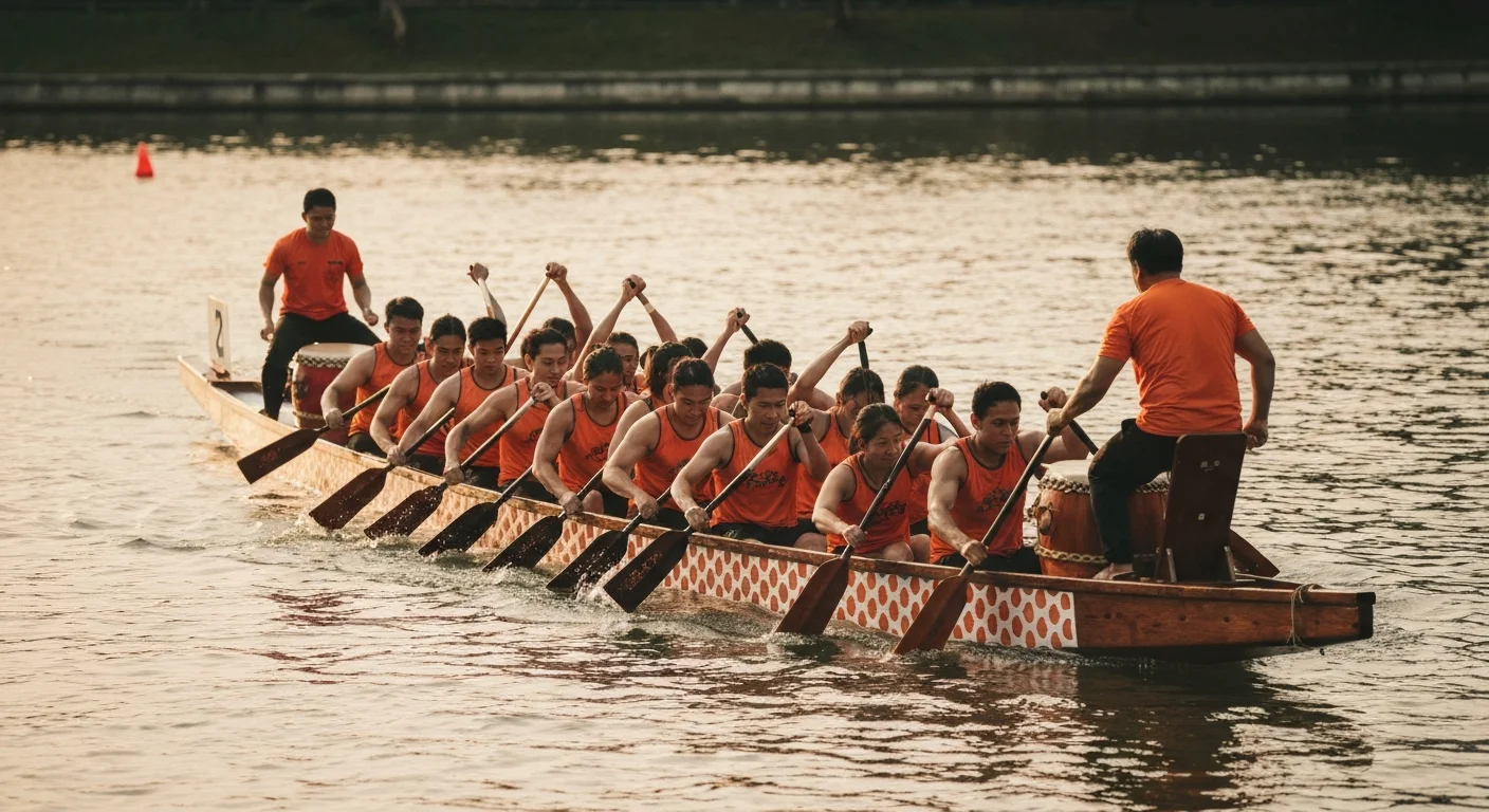Dragon boat team paddling on Singapore river