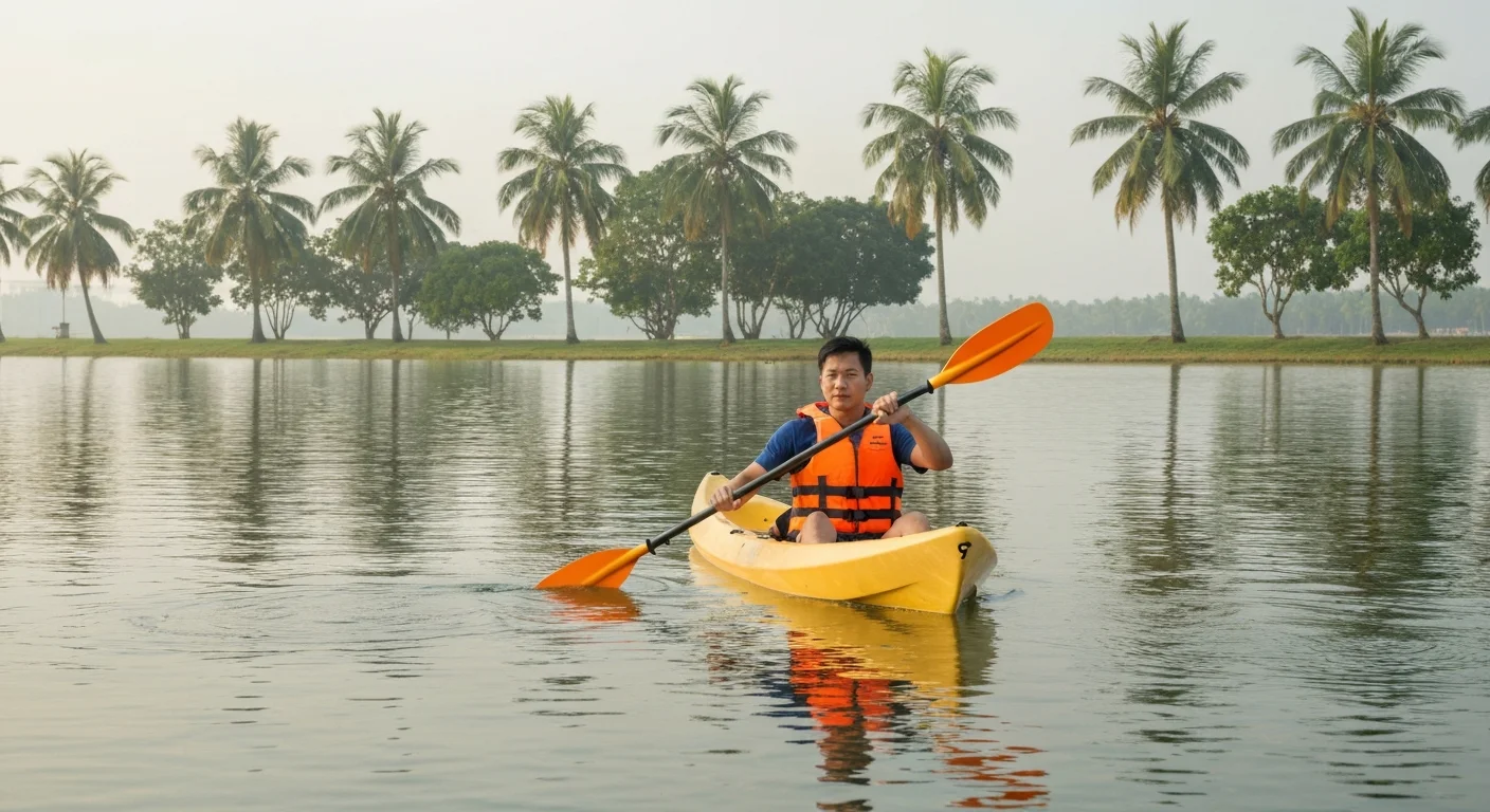 Kayaker on a calm Singapore reservoir