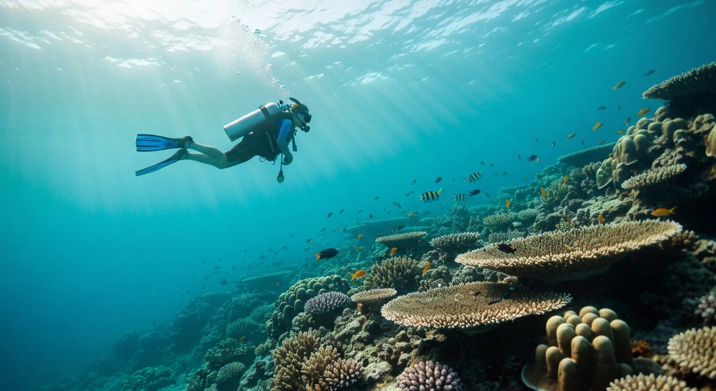 Scuba diver above tropical coral reef