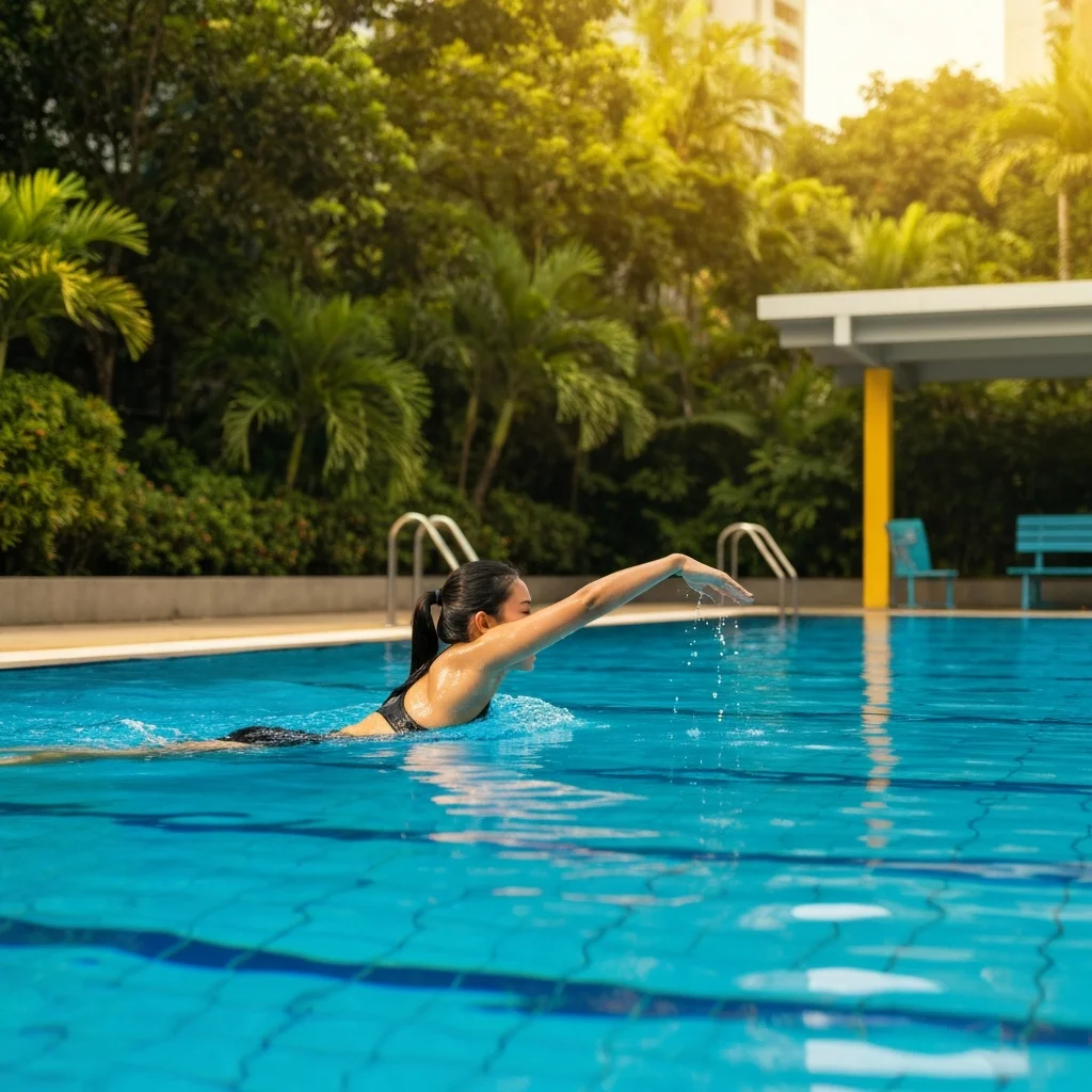 Woman swimming freestyle in outdoor pool under tropical sunlight