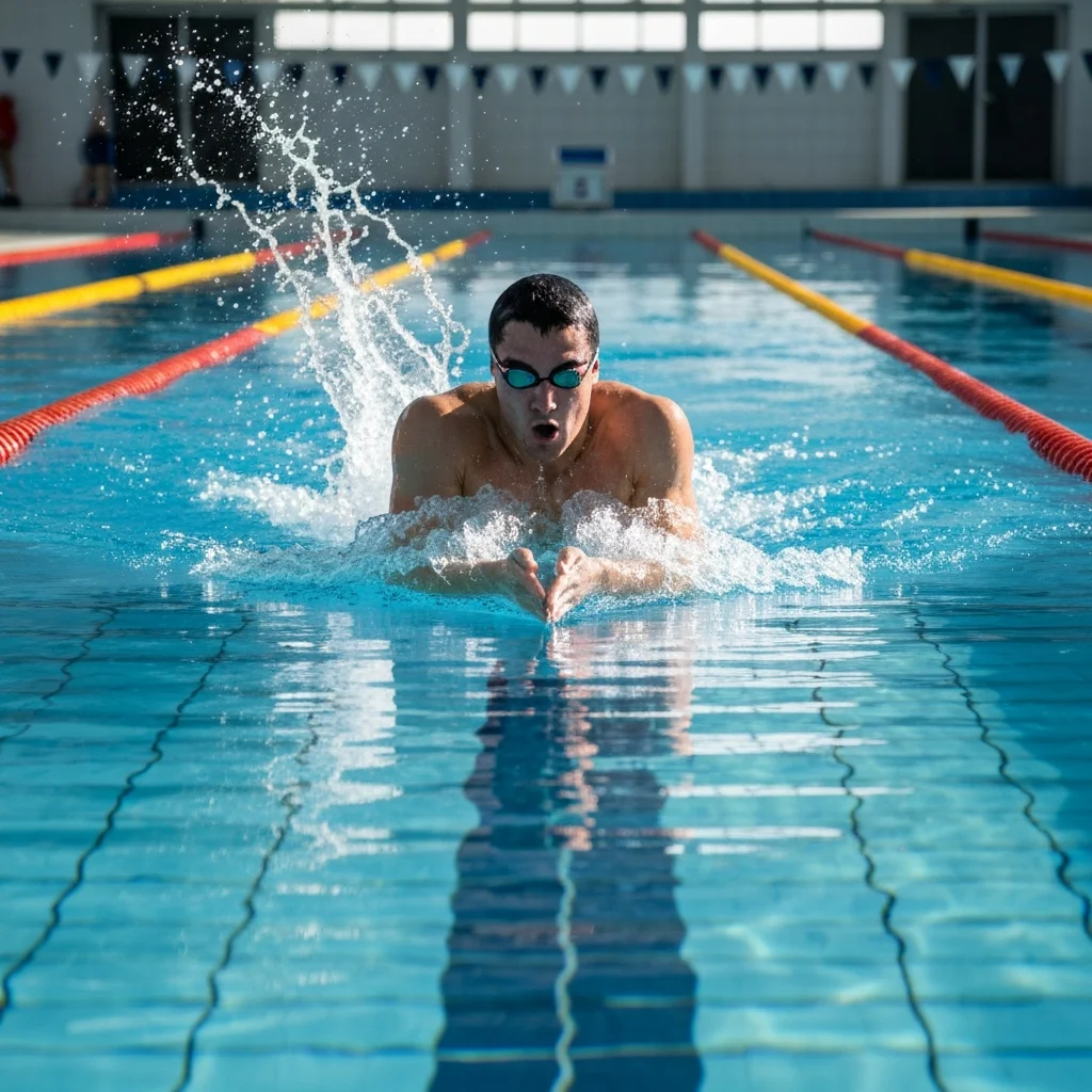 Swimmer doing breaststroke, front view showing arm pull and breathing