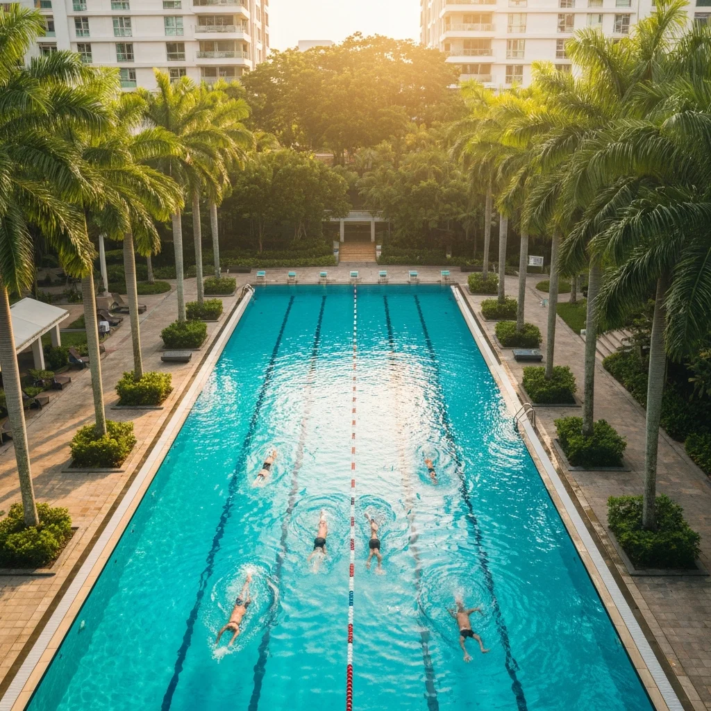 Aerial view of swimming pool with swimmers training in lanes, surrounded by tropical palm trees