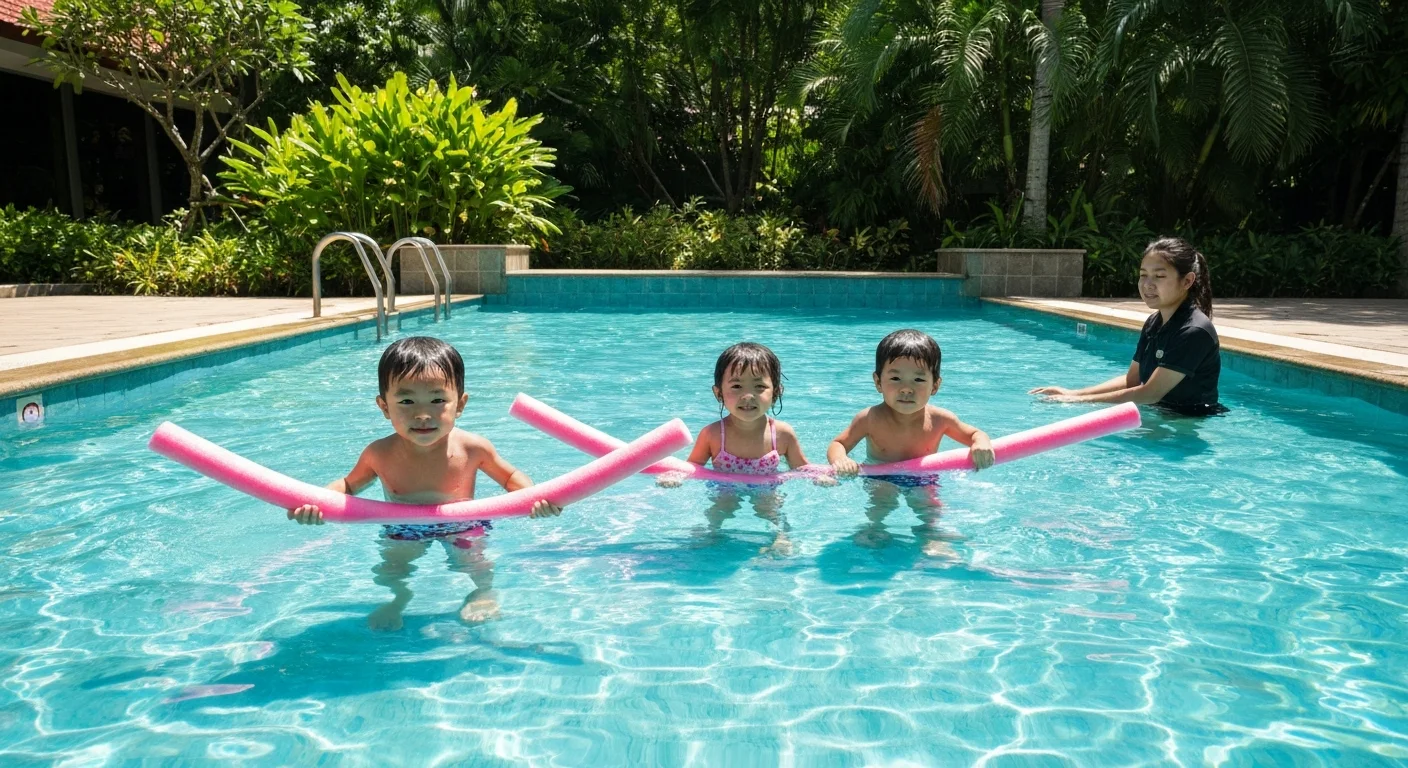 Children playing with pool noodles in shallow water at a Singapore swimming pool with adult supervision