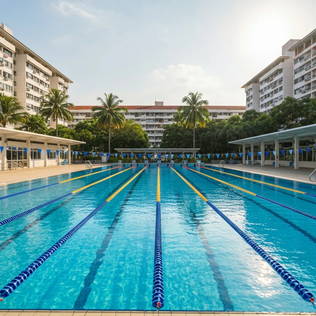 Singapore ActiveSG public swimming complex with 50 metre pool and tropical trees