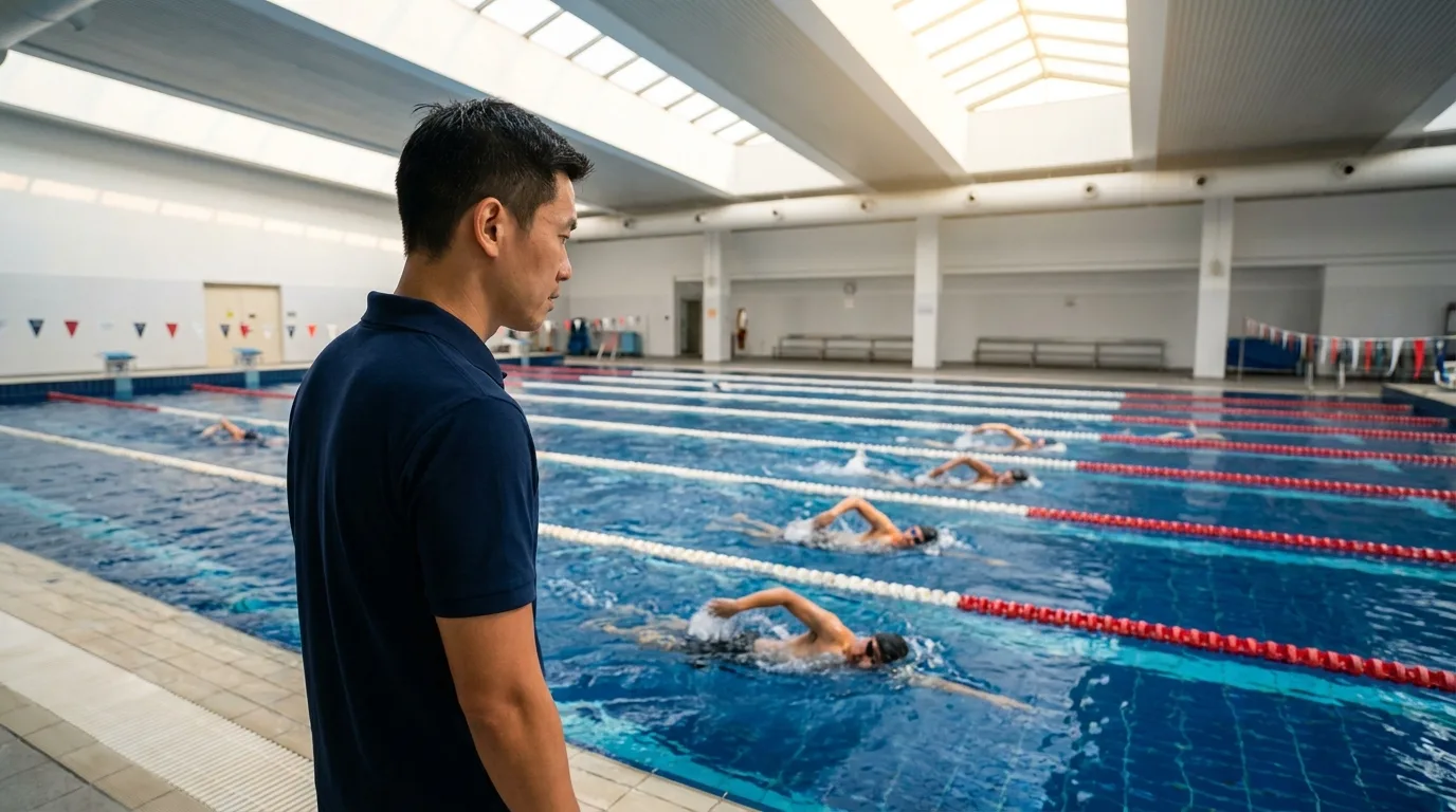 Swim coach observing adult swimmers training in lanes at an indoor Singapore competition pool