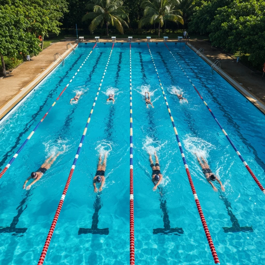 Swimming club squad training session in outdoor pool with coach