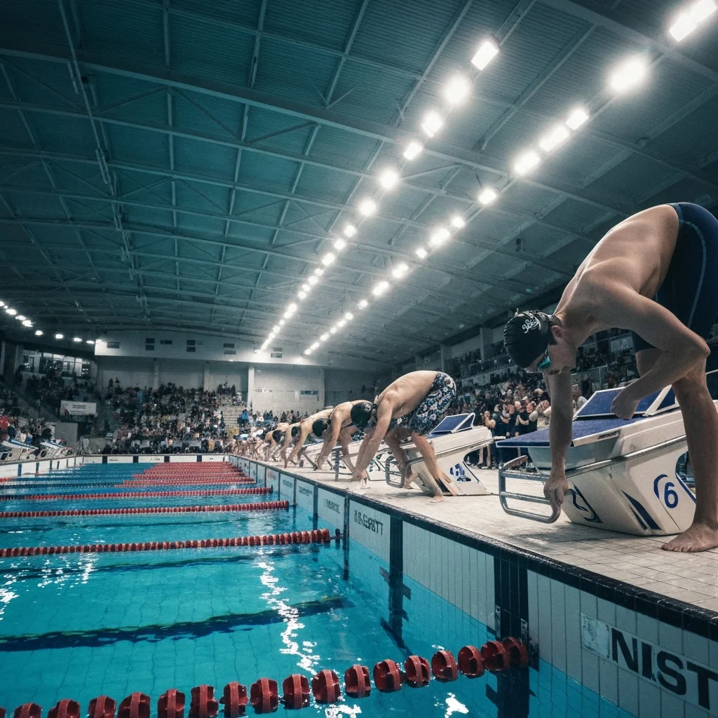 Competitive swimmers on starting blocks at indoor swimming meet