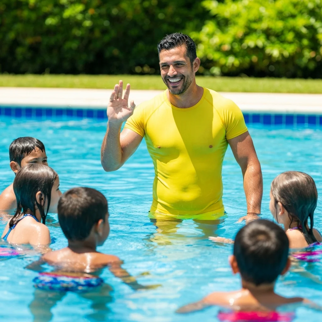 Swimming instructor teaching children in outdoor pool