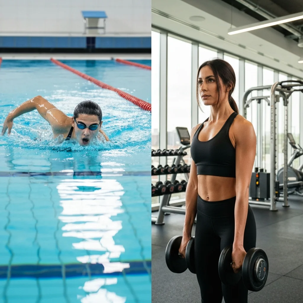 Split view comparing swimming in a pool lane with gym weight training