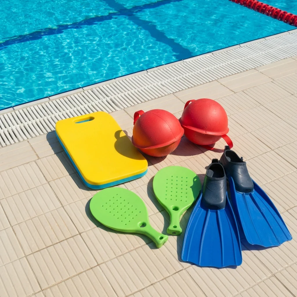 Swimming training equipment on pool deck: kickboard, paddles, fins