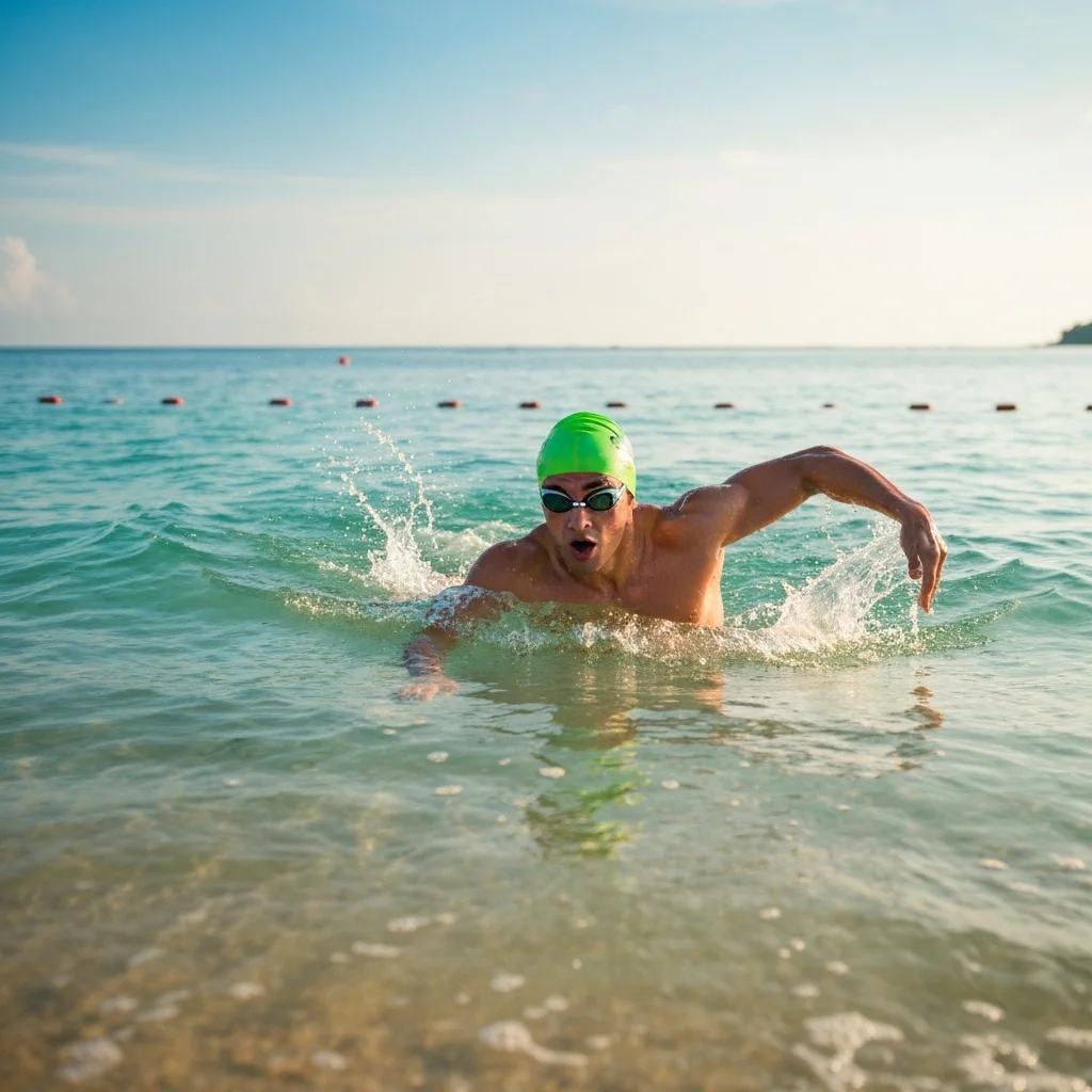 Open water swimmer training for triathlon in tropical sea