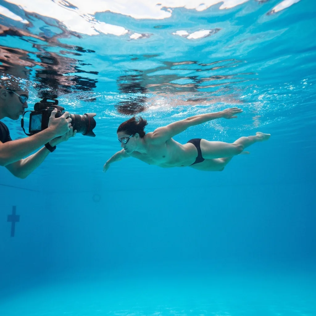 Underwater photographer shooting swimmer in clear blue pool
