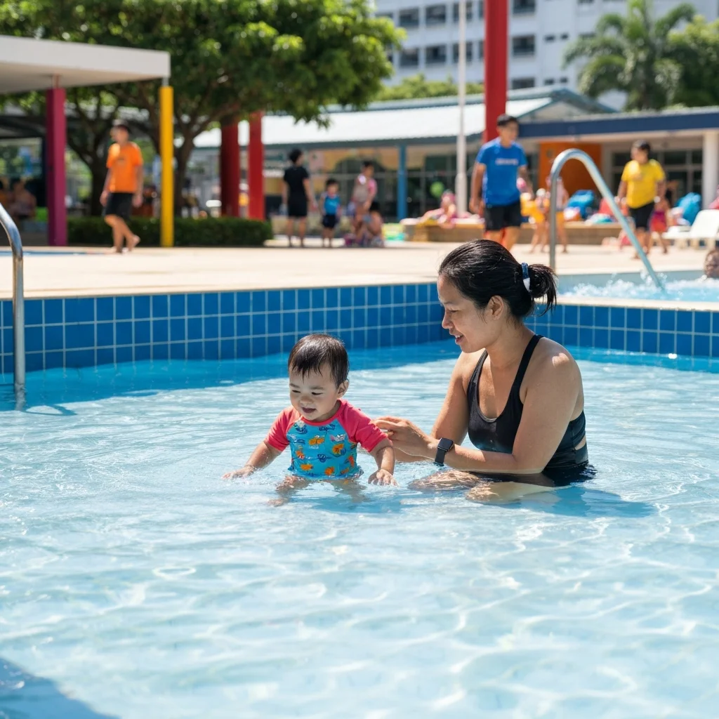 Parent supervising young child in shallow pool at Singapore swimming complex