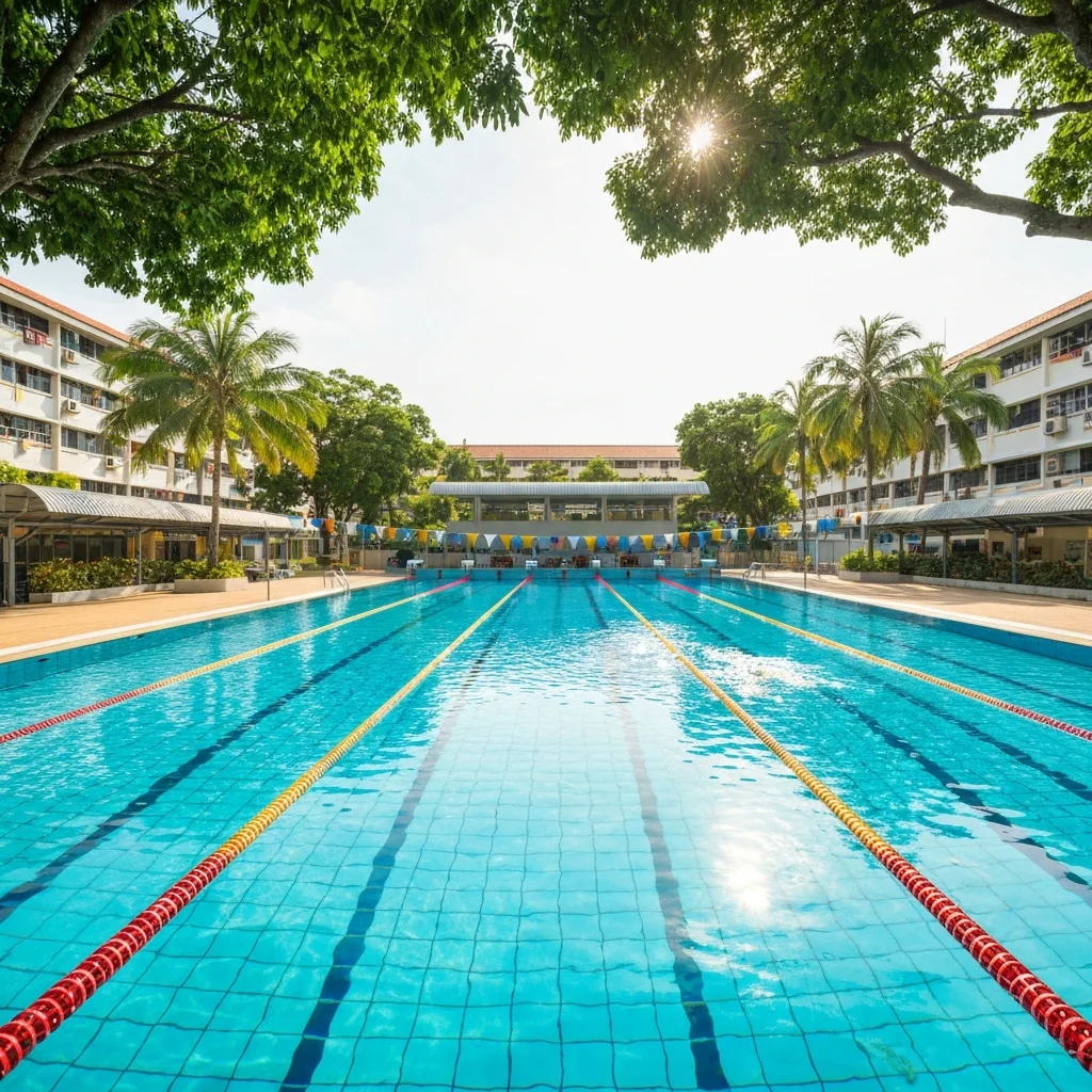 Outdoor public swimming pool in Singapore neighbourhood with tropical trees