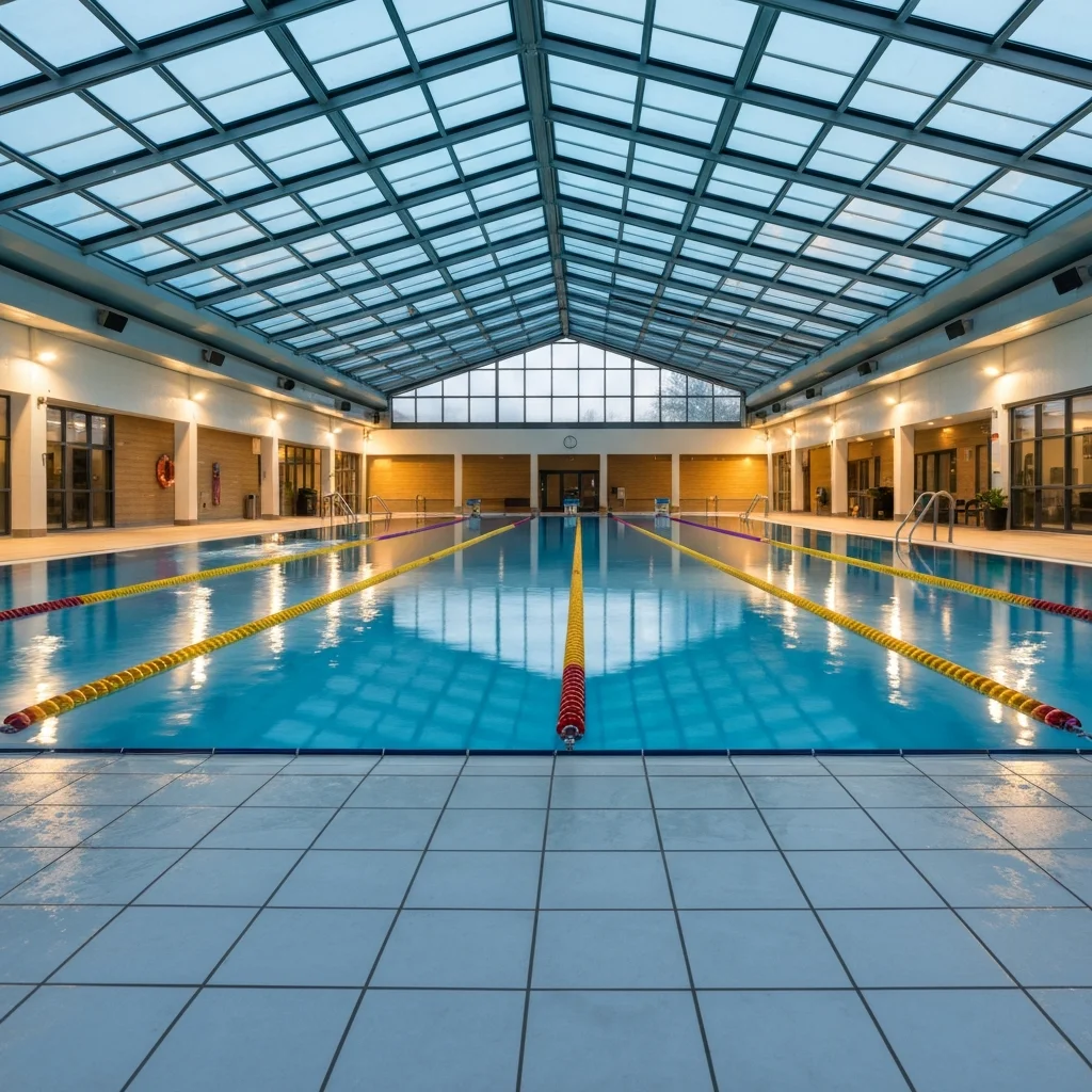 Indoor heated swimming pool with glass roof and lane ropes